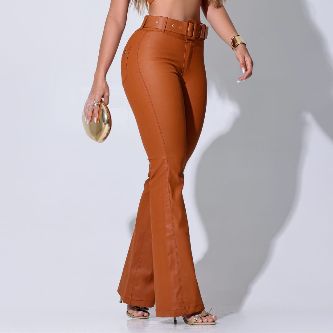Calça Flare Encerada Caramelo c/ Cinto Tifany - SM270C